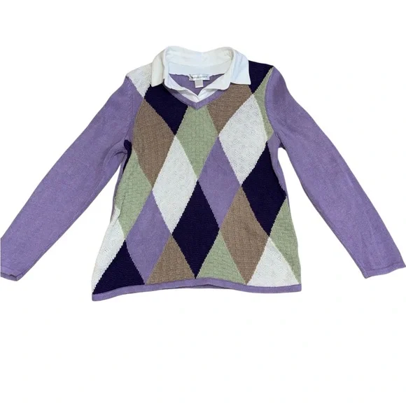 Christopher & Banks Argyle Sweater with White Collar Size Medium Vintage - Picture 2 of 5